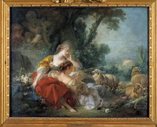Venskabsskolen Scene bucolique: to hyrder og flokken. Maleri af Francois Boucher (1703-1770) 1760 Karlsruhe. Staatliche Kunsthalle