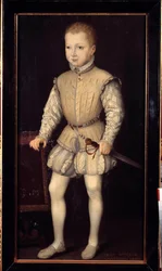 Portræt af Henrik IV af Navarra (1553-1610), et barn i en alder af 4, under sit ophold i Paris hos sine forældre i 1557, derefter Prins af Navarra Maleri af Francois Bunel II (ca. 1552-før 1599). 1557. Dim. 1,25x0,64 m. Versailles, Versailles slotte
