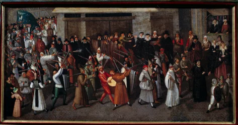 Religiøse krige mellem katolikker og protestanter: "" Procession of the League ved slutningen af Notre Dame i 1593"". Maleri af Francois II Bunel (1522-1599)