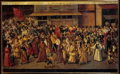 Religiøse krige mellem katolikker og protestanter: "" Procession af Ligaen ved slutningen af Cathedrale Notre Dame den 4/02/1593"". Maleri af Francois II Bunel (1522-1599)