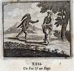 En gal og en klog. Fabler af Jean de La Fontaine (1621-95). Illustration af François Chauveau (1613-1676). Udgave af 1728.
