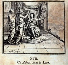Et dyr på månen. Fabler af Jean de La Fontaine (1621-95). Illustration af François Chauveau (1613-1676). Udgave af 1728.