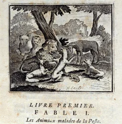 Dyr, der er syge af pesten. Fabler af Jean de La Fontaine (1621-95). Illustration af Francois Chauveau (1613-1676). Udgave af 1728.