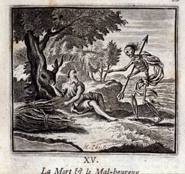 Døden og de ulykkelige. Fabler af Jean de La Fontaine (1621-95). Illustration af Francois Chauveau (1613-1676). Udgave af 1728.