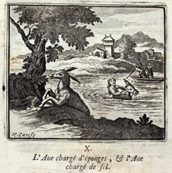 Æsellæs svampe og æsellæs salt. Fabler af Jean de La Fontaine (1621-95). Illustration af François Chauveau (1613-1676). Udgave af 1728.