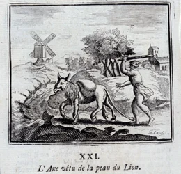 Æsel iført løvens hud. Fabler af Jean de La Fontaine (1621-95). Illustration af François Chauveau (1613-1676). Udgave af 1728.