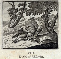Ørn og snegl. Fabler af Jean de La Fontaine (1621-95). Illustration af Francois Chauveau (1613-1676). Udgave af 1728.