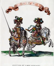 Ecuyer og persisk side under karrusellen givet af kong Ludvig XIV (1639-1715) Indgravering af Francois Chauveau (1613-1676) omkring 1662 Privat samling