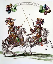 Indisk Ecuyer og side under karrusellen givet af kong Ludvig XIV (1638-1715) i 1662 til Tuilerierne for at fejre Dauphins fødsel. Gravering af Francois Chauveau (1613-1676) 1600-tallets privatsamling