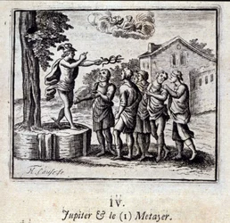 Jupiter og Metayeren. Fabler af Jean de La Fontaine (1621-95). Illustration af François Chauveau (1613-1676). Udgave af 1728.