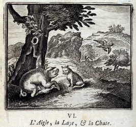 Ørnen, soen og hunkatten. Fabler af Jean de La Fontaine (1621-95). Illustration af François Chauveau (1613-1676). Udgave fra 1728.