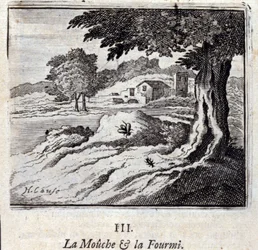 Fluen og myre-fablerne af Jean de La Fontaine (1621-95). Illustration af Francois Chauveau (1613-1676). Udgave af 1728.