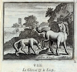 Hesten og ulven. Fabler af Jean de La Fontaine (1621-95). Illustration af François Chauveau (1613-1676). Udgave af 1728.