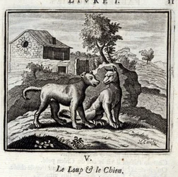 Ulven og hunden. Fabler af Jean de La Fontaine (1621-95). Illustration af Francois Chauveau (1613-1676). Udgave af 1728.
