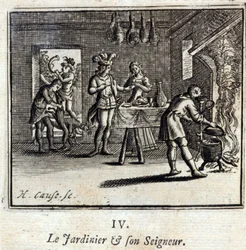 Gartneren og hans herre Fabler af Jean de La Fontaine (1621-95). Illustration af François Chauveau (1613-1676). Udgave af 1728.