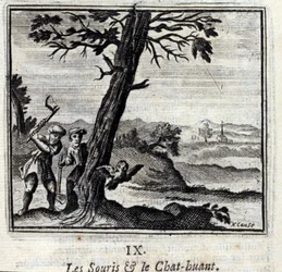 Musene og Huant-kattens fabler af Jean de La Fontaine (1621-95). Illustration af François Chauveau (1613-1676). Udgave af 1728.