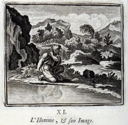 Mennesket og dets billede. Fabler af Jean de La Fontaine (1621-95). Illustration af Francois Chauveau (1613-1676). Udgave af 1728.