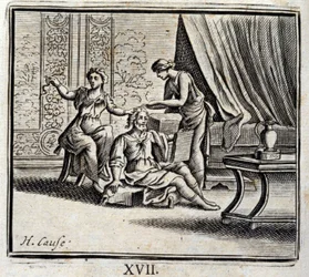 Mand mellem to aldre og hans to elskerinder. Fabler af Jean de La Fontaine (1621-95). Illustration af Francois Chauveau (1613-1676). Udgave af 1728.