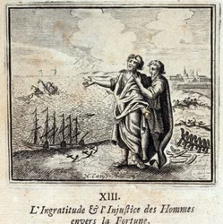 Mænds utaknemmelighed og uretfærdighed mod formue. Fabler af Jean de La Fontaine (1621-95). Illustration af François Chauveau (1613-1676). Udgave af 1728.