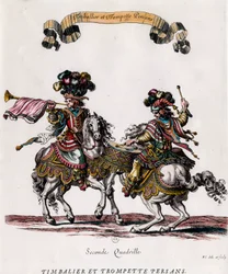 Persisk timbalier og trompet under karrusellen givet af kong Louis XIV (1639-1715) Gravering af Francois Chauveau (1613-1676) ca. 1662 Privat samling