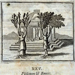 Filemon og Baucis. Fabler af Jean de La Fontaine (1621-95). Illustration af François Chauveau (1613-1676). Udgave fra 1728.