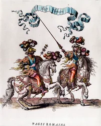 Romerske sider under karrusellen givet af kong Ludvig XIV (1639-1715) Indgravering af Francois Chauveau (1613-1676) ca. 1662 Privat samling