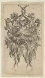 Satyrmaske med krogede horn og en efeukrans, fra Divers Masques, ca. 1635-45.