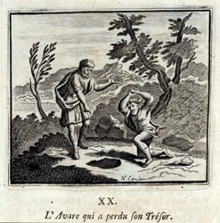The Avare, der mistede sin tresor.Fables af Jean de La Fontaine (1621-95). Illustration af François Chauveau (1613-1676). Udgave af 1728.