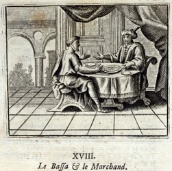 Bassaen og Købmanden. Fabler af Jean de La Fontaine (1621-95). Illustration af François Chauveau (1613-1676). Udgave af 1728.