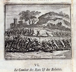 Slaget om rotter og væsler. Fabler af Jean de La Fontaine (1621-95). Illustration af François Chauveau (1613-1676). Udgave af 1728.