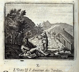 Bjørnen og haveamatøren. Fabler af Jean de La Fontaine (1621-95). Illustration af François Chauveau (1613-1676). Udgave af 1728.