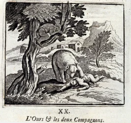Bjørnen og de to ledsagere. Fabler af Jean de La Fontaine (1621-95). Illustration af François Chauveau (1613-1676). Udgave af 1728.