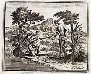 Bucheron og Mercury. Fabler af Jean de La Fontaine (1621-95). Illustration af Francois Chauveau (1613-1676). Udgave af 1728.