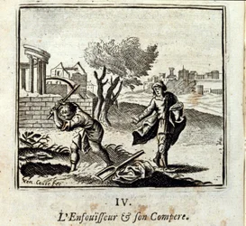 Brænderen og hans Compere. Fabler af Jean de La Fontaine (1621-95). Illustration af Francois Chauveau (1613-1676). Udgave af 1728.