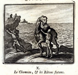 Kamelen og de flydende stokke. Fabler af Jean de La Fontaine (1621-95). Illustration af François Chauveau (1613-1676). Udgave af 1728.