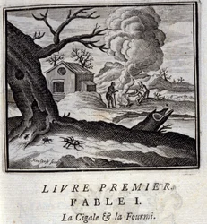 Cikaden og myren. Fabler af Jean de La Fontaine (1621-95). Illustration af François Chauveau (1613-1676). Udgave fra 1728.