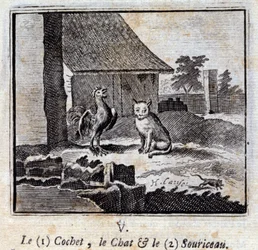 Cochet katten og musen. Fabler af Jean de La Fontaine (1621-95). Illustration af François Chauveau (1613-1676). Udgave af 1728.