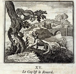Coq og Ræven. Fabler af Jean de La Fontaine (1621-95). Illustration af Francois Chauveau (1613-1676). Udgave af 1728.
