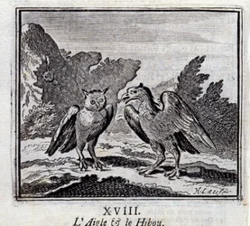 Ørnen og uglen. Fabler af Jean de La Fontaine (1621-95). Illustration af François Chauveau (1613-1676). Udgave af 1728.
