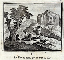 Jordgryden og jerngryden. Fabler af Jean de La Fontaine (1621-95). Illustration af François Chauveau (1613-1676). Udgave fra 1728.