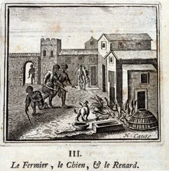 Bonden, hunden og ræven. Fabler af Jean de La Fontaine (1621-95). Illustration af François Chauveau (1613-1676). Udgave af 1728.