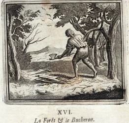 Skoven og Skovhuggeren. Fabler af Jean de La Fontaine (1621-95). Illustration af François Chauveau (1613-1676). Udgave af 1728.