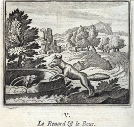 The Fox and the Bouc.Fables af Jean de La Fontaine (1621-95). Illustration af François Chauveau (1613-1676). Udgave af 1728.