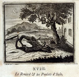 Ræven og Indiens høns. Fabler af Jean de La Fontaine (1621-95). Illustration af François Chauveau (1613-1676). Udgave af 1728.