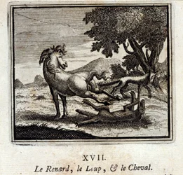 Ræven, Ulven og Hesten. Fabler af Jean de La Fontaine (1621-95). Illustration af François Chauveau (1613-1676). Udgave af 1728.