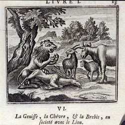 Genisse, Gove og Fåret i selskab med Løven. Fabler af Jean de La Fontaine (1621-95). Illustration af François Chauveau (1613-1676). Udgave fra 1728.