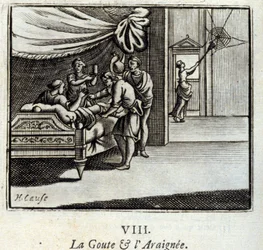 Gigten og Edderkoppen. Fabler af Jean de La Fontaine (1621-95). Illustration af Francois Chauveau (1613-1676). Udgave af 1728.