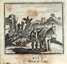 Hesten og æslet. Fabler af Jean de La Fontaine (1621-95). Illustration af François Chauveau (1613-1676). Udgave fra 1728.