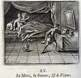 Manden, Kvinden og Tyven. Fabler af Jean de La Fontaine (1621-95). Illustration af François Chauveau (1613-1676). Udgave af 1728.