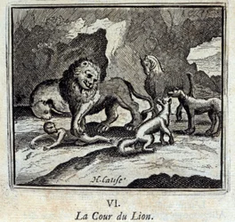 Løveretten. Fabler af Jean de La Fontaine (1621-95). Illustration af François Chauveau (1613-1676). Udgave af 1728.